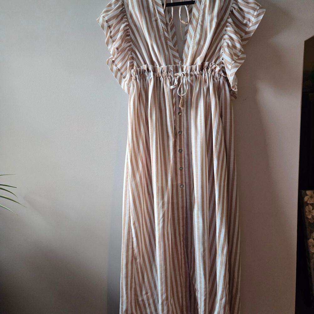 Aakaa Tan and White Striped Dress